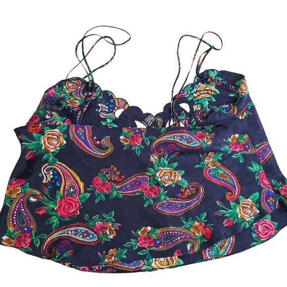 Vintage Victoria's Secret Gold Label Navy Blue Paisley Floral Crop Satin Top - Picture 4 of 7